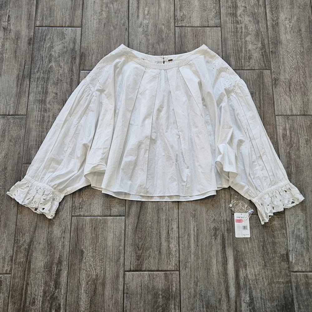 Free People Wishing Well Blouse Size L White NEW Eyelet Embroidered Balloon